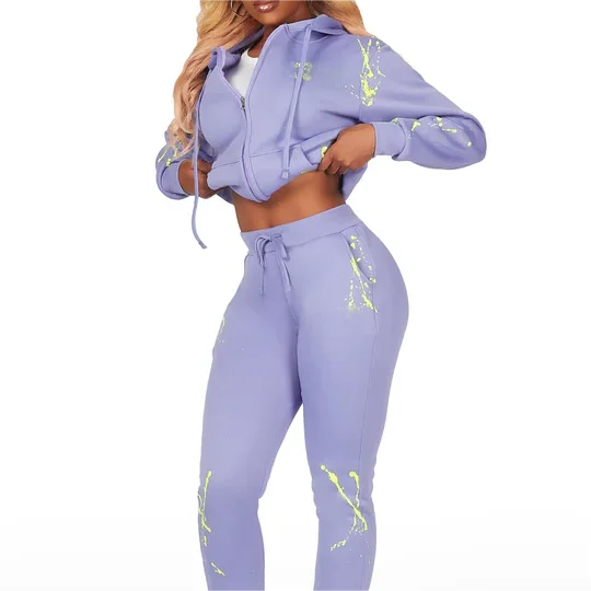 Purple Women's Zip-Up Hoodie Jogging Set Embroidered Polyester XL Size Hooded Collar With Pocket Decoration Pattern Two Pieces