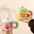 M New Cute Cartoon Duck Mug with Lid and Straw Dishwasher Safe Business Gift Creative Design Ceramic Cup
