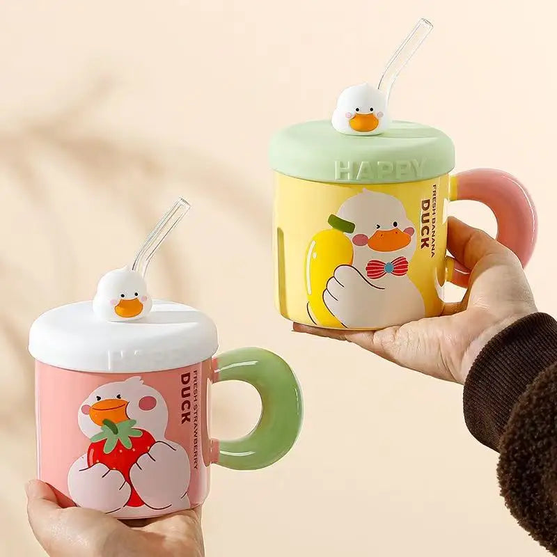 M New Cute Cartoon Duck Mug with Lid and Straw Dishwasher Safe Business Gift Creative Design Ceramic Cup