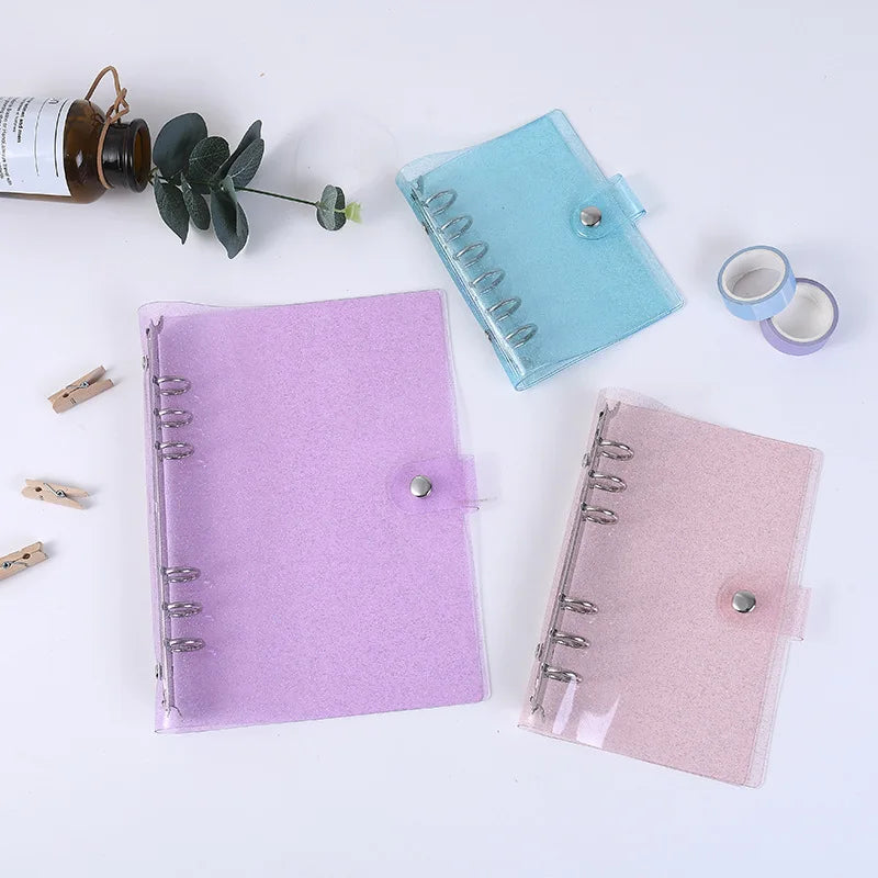 4 Colors Glitter A6 PVC 6-Ring Binder with Loose Leaf Planner Notebook Cover Clear Soft Lightweight Popular Durable
