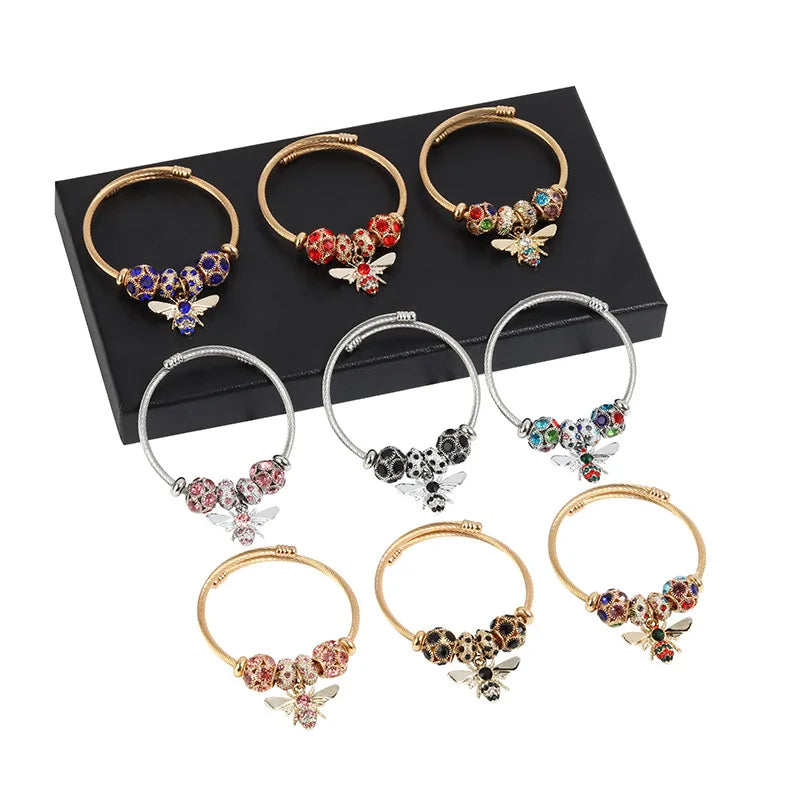 Wholesale Stock 7 Style Hot Sale Bee Stainless Steel Bracelet Colorful Diamond Jewelry Wholesale for Women Girls Cuff Bangles