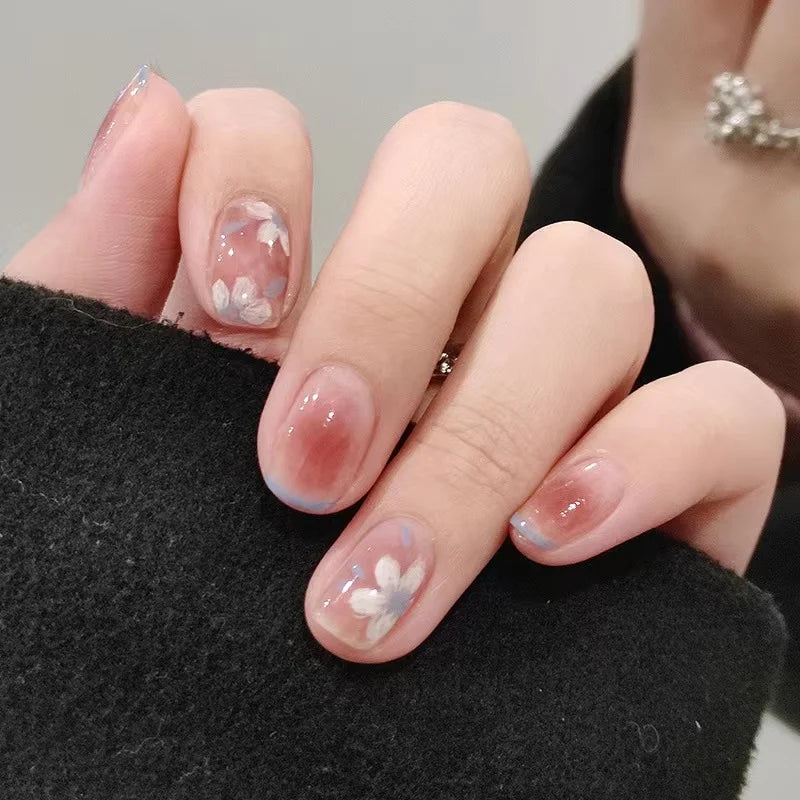 Temooi Wholesale 24Pcs ABS Finger Nails Short Round Flower Marbling False Nails Press on With Nail Glue