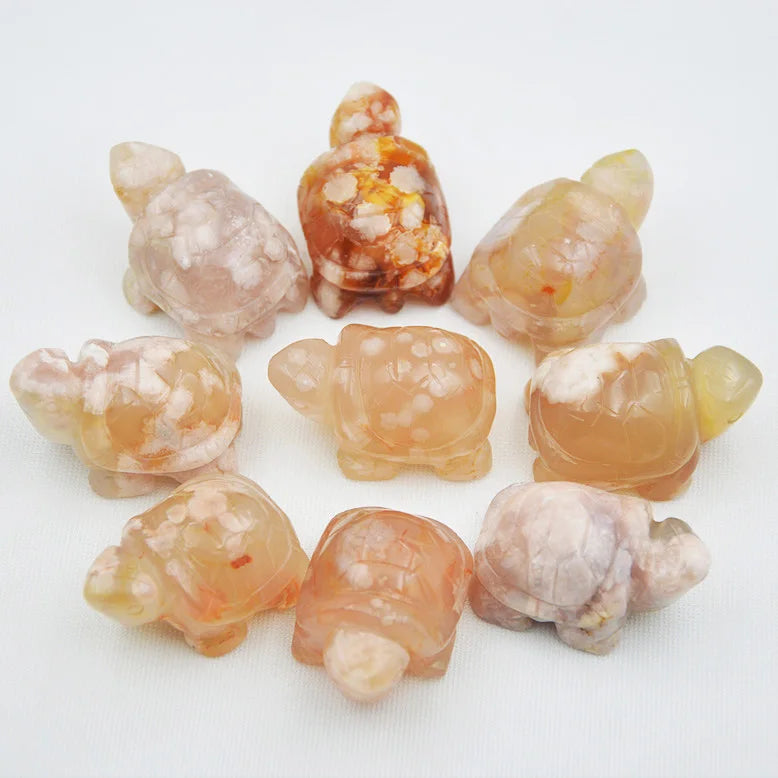 Healing Feng Shui Gemstone Animal Crystal Tortoise Hand Carved Natural Sakura Cherry Blossom Agate Sea Turtle Carving Craft
