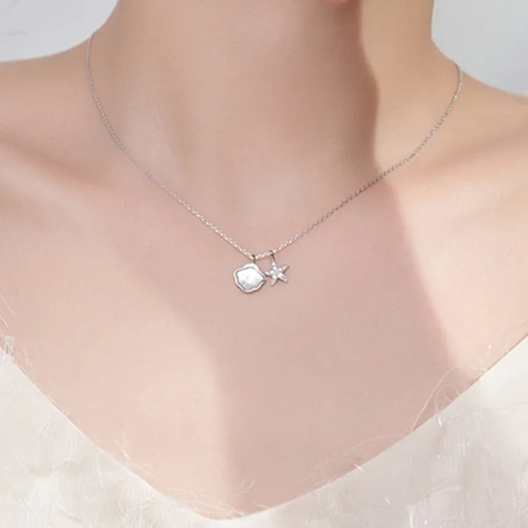 Delicate Ocean Style 925 Sterling Silver Shell Starfish Pendant Necklace