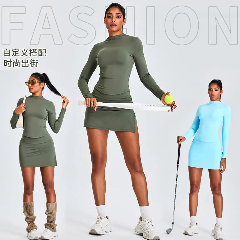 New Slim-Fit Long-Sleeved Yoga Suit Women's High-Waisted Sports Short Skirt A-Line Wrap Hip Skirt Fitness Shorts