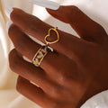 2 Pcs/Sets Stainless Steel Shiny Rhinestones Heart Rings for Women Trendy Ladies Adjustable Finger Rings Fashion Jewelry on Hand