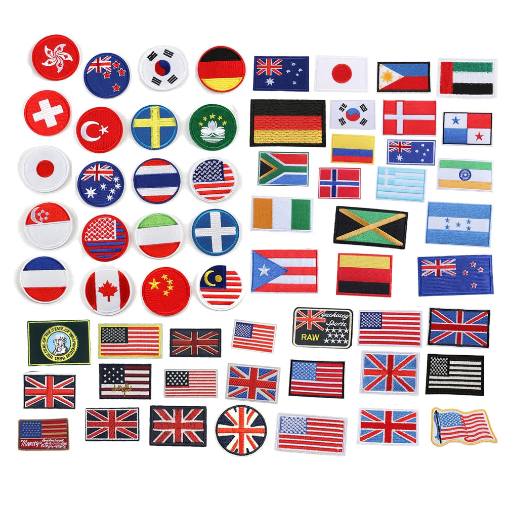 Hot Sale Round Rectangle Shape Iron on Embroidered Australia USA UK National Country Flag Patches for Clothing