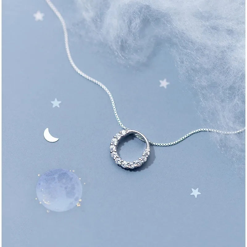 Round Circle Pendant with Cubic Zirconia Stone Statement 925 Sterling Silver Necklaces Fashion Jewelry for Women