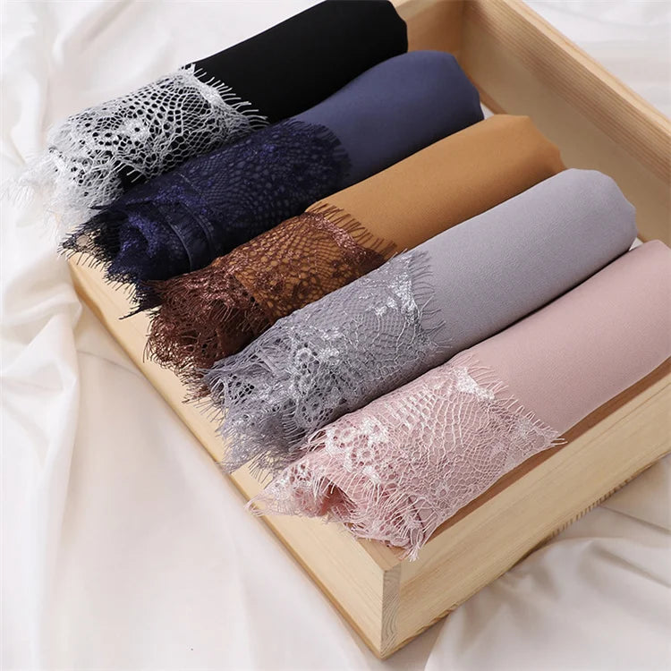 New Design Fashion Bubble Chiffon Eyelashes Lace Edge Women Hijab Head Wrap Wholesale Plain Islamic Muslim Scarf Shawl