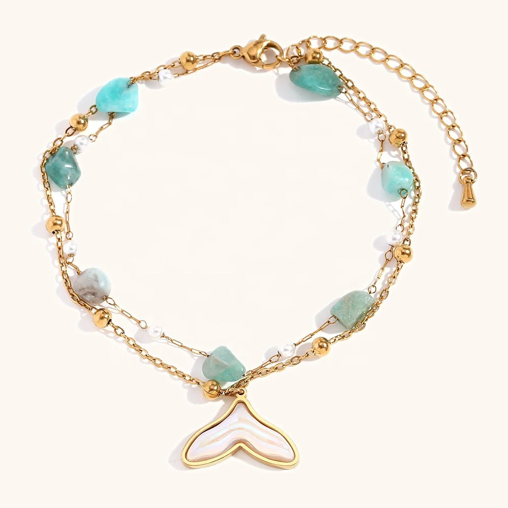 Dingran Anklet Wholesale Fashion Jewelry Stainless Steel Summer Waterproof Double Layer Natural Stone Charm Anklets