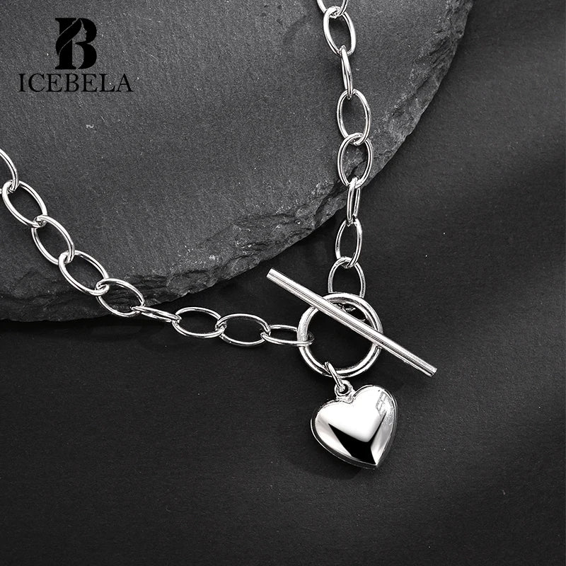 ICEBELA Jewelry 925 Sterling Silver Love Necklace Korean Version Double Layer Wear Long Sweater Chain Heart Pendant