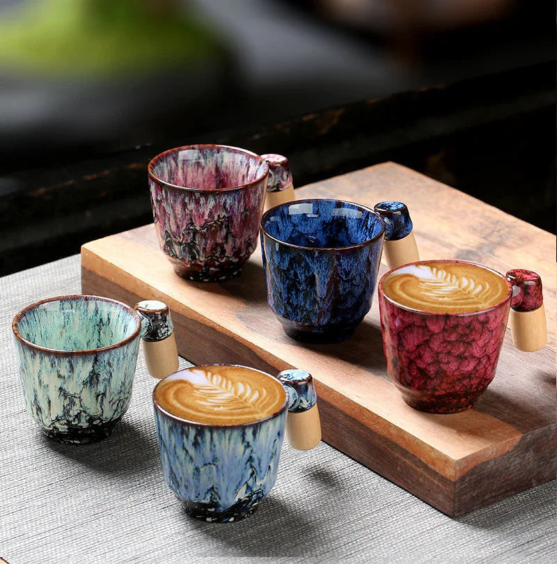 Bulk Costume Logo Kiln Change Mini Handmade Ceramic Travel Coffee Tea Mugs with Wooden Handle
