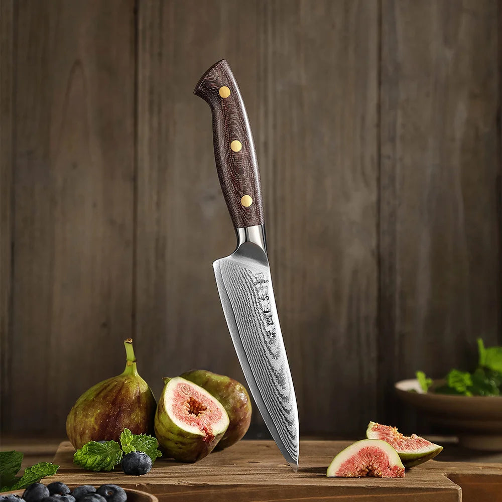HEZHEN New Multipurpose Utility Knife Damascus Steel Durable Micarta Handle Sharp Restaurant Kitchen Petty Knives