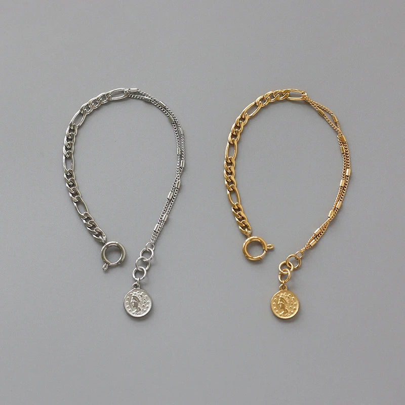 Vintage Coin Figaro Chain Combination Twisted Chain Bracelet 18K Gold Plated Character Coin Charm Bracelet Jewelry  for Gift