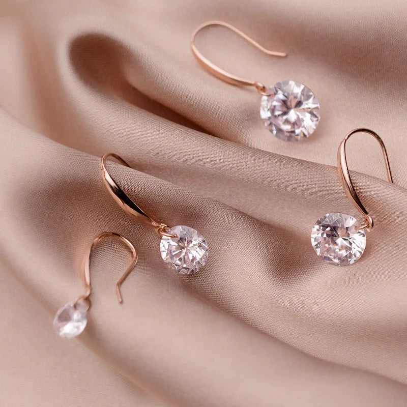 925 Sterling Silver Round Zircon Diamond Pendant Rose Gold Plated Dangle Drop Earrings Party Fashion Jewelry for Women
