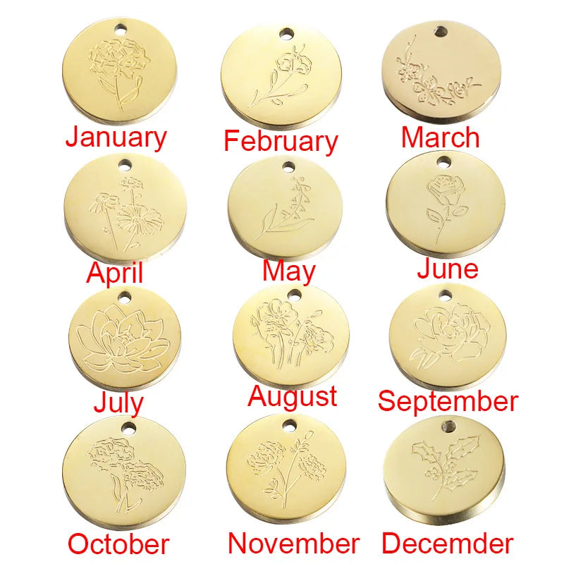 Waterproof 18K Gold Plated Stainless Steel Round Disc 15mm Birthday Flower Engraved Circle Pendant for Jewelry Making