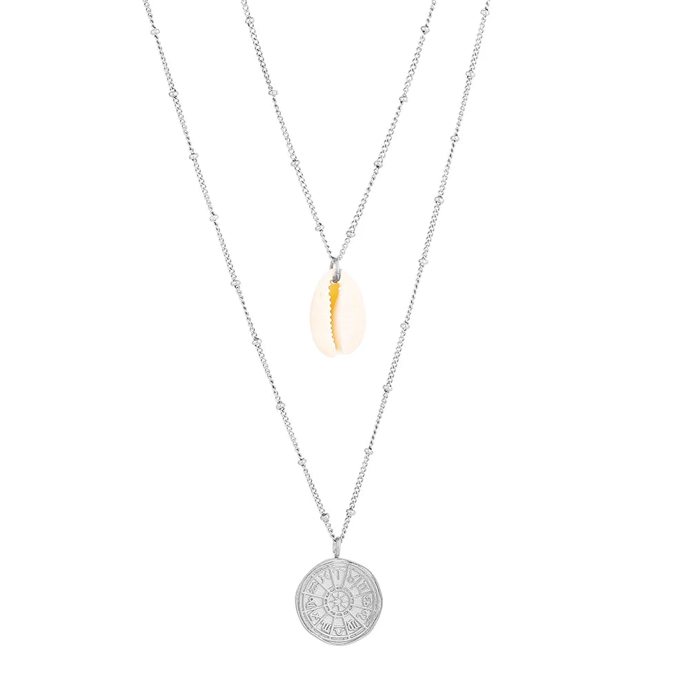 Silver Stainless Steel Double Layer Necklace with Gold Plating Fine Jewelry Featuring Zodiac Sign ISLAND Beach Accessories