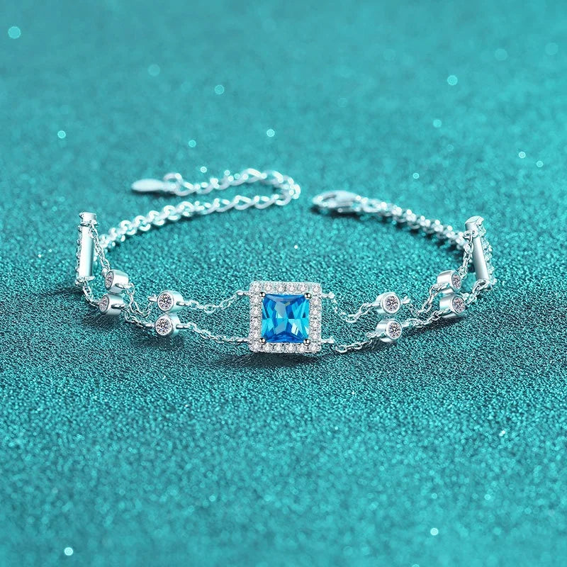 S925 Sterling Silver Moissanite Bracelet with Blue Gemstone Square Double Chain for Parties and Weddings