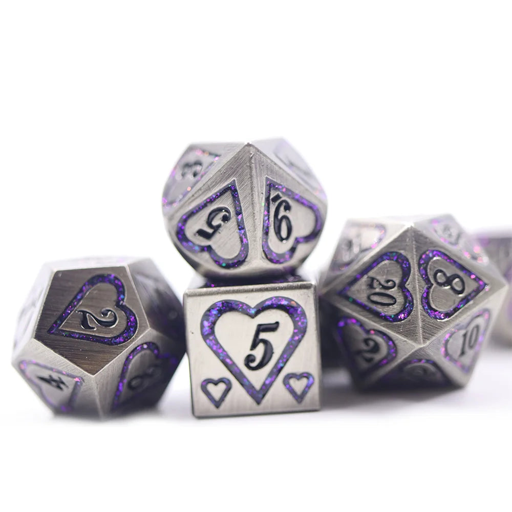 Polyhedral Zinc Alloy Dice Set Rpg DND Board Game Custom Metal Heart Purple Glitter Mica Dice Set