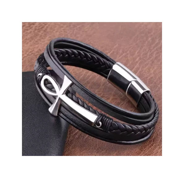 Stocks Selling Vintage Punk Man Leather Bracelet Bangle Multi Layers Stainless Steel Cross Bracelets Men Jewelry