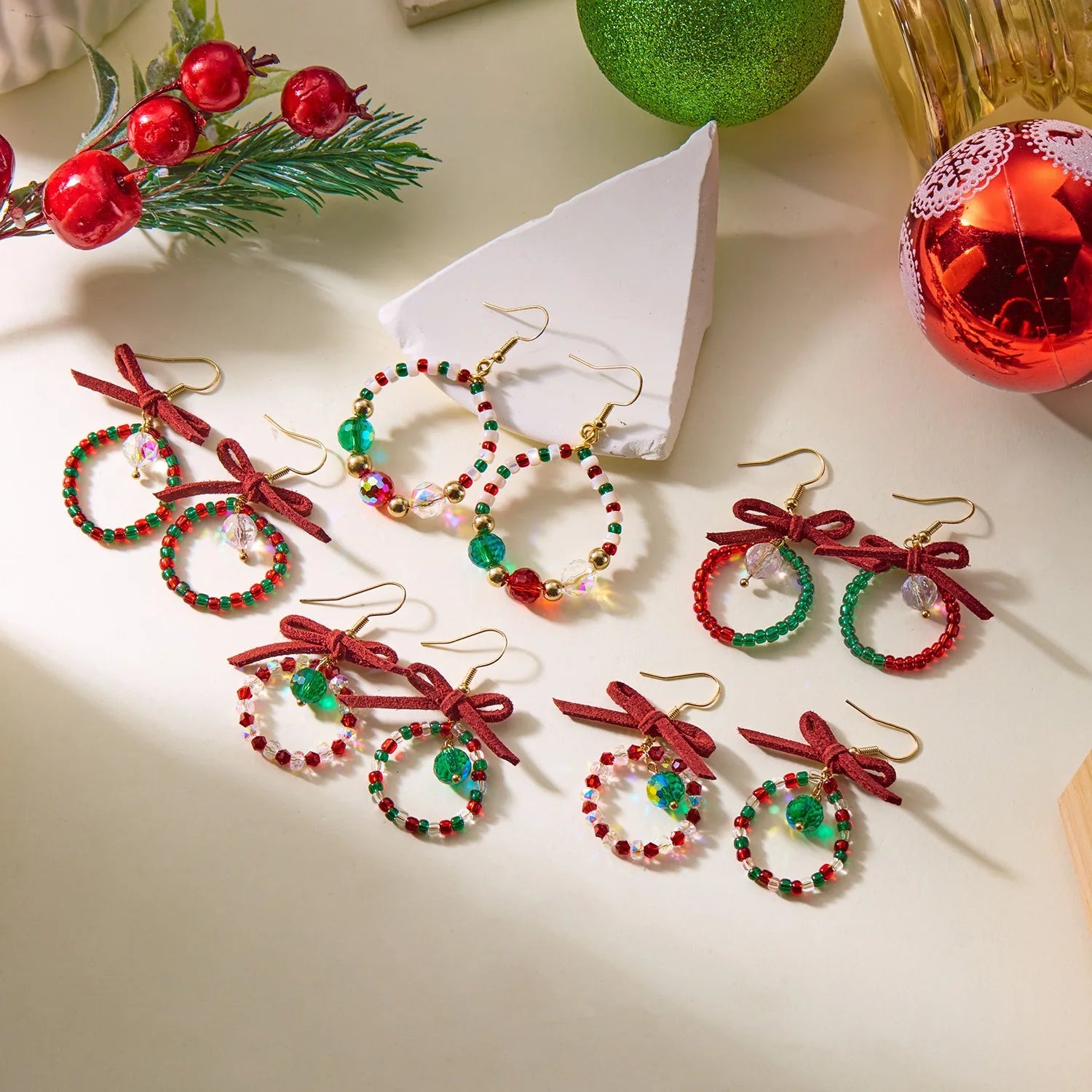 Handmade Vintage Red Bow Pendant Earrings Big Crystal Beads Bezel Setting Women Girls' Daily Jewelry Gift Christmas Beaded