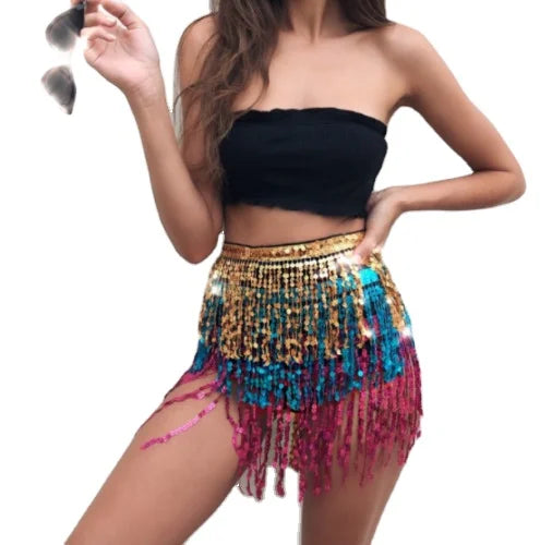 Bestdance Belly Dance Sequins Shiny Tassel Belt Dancing Hip Scarf Skirt Festival Wrap 4 Layers Skirt