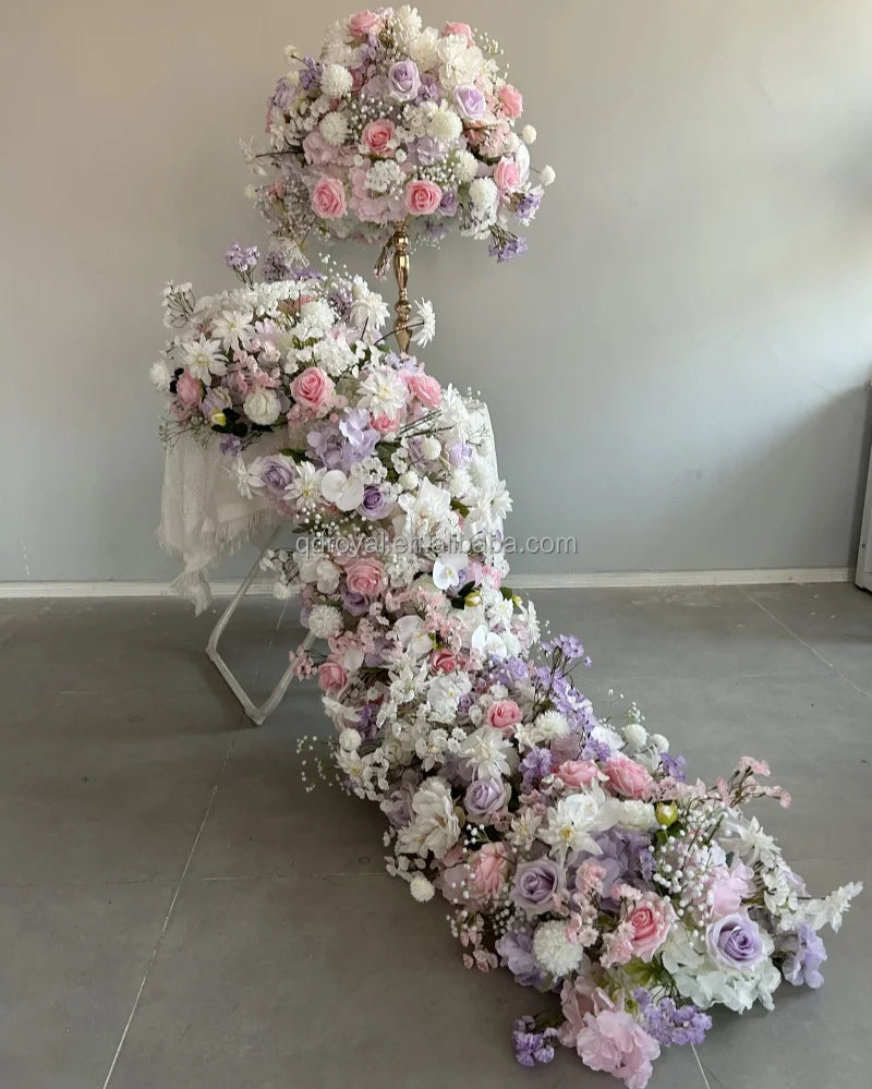 Wedding Backdrop Decor Purple Arch Stand Flower Strip Pink White Artificial Silk Rose Flower Row Table Garland Flower Runner