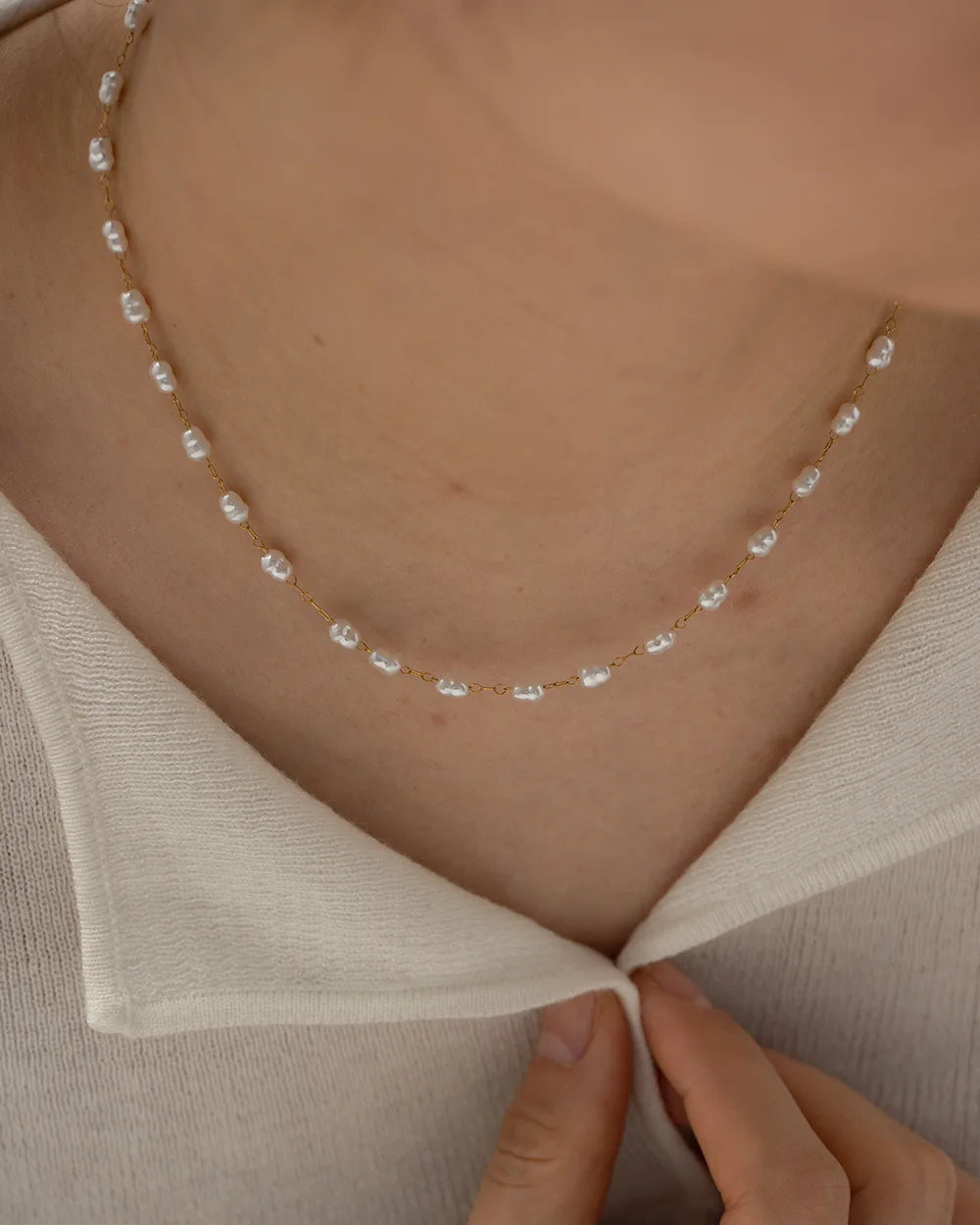 Wholesale Gold Plated No Tarnish Stainless Steel Vintage Geometric Imitation Pearl Bead Chain Necklace for Women Girls