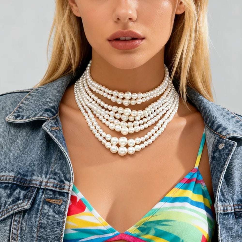 Exaggerated Multilayer Pearl Bead Chain Short Choker Necklace for Women Trendy Beaded Collar on Neck Accessories Fsdhion Jewelry