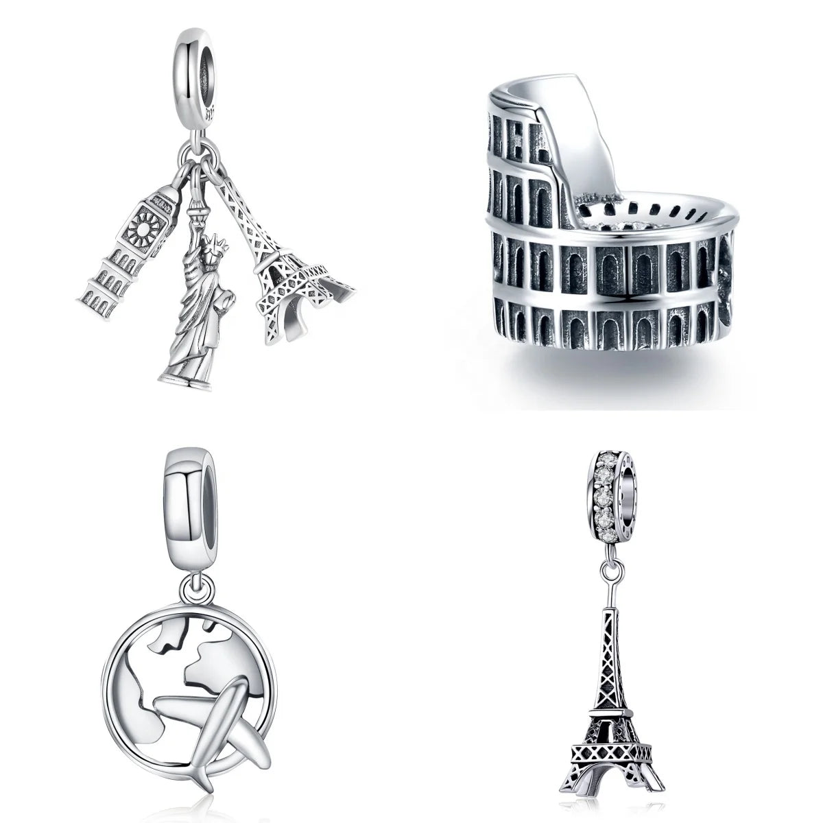 Fashion Sterling Silver Jewelry Charms For Bracelet Fine Jewelry Making Zirconia Global Travel Airplane Tower Colosseum Pendants