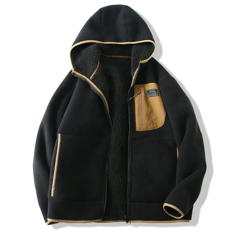 2025 Wholesale Winter Hoodie Warm Sherpa Hoodie Front Pocket Design Black Polyester Zipper Hoody