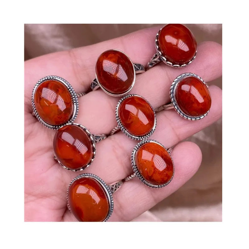 925 Sterling Silver Fashion Healing Crystal Gemstone Jewelry Natural Gold South Red Agate Ring