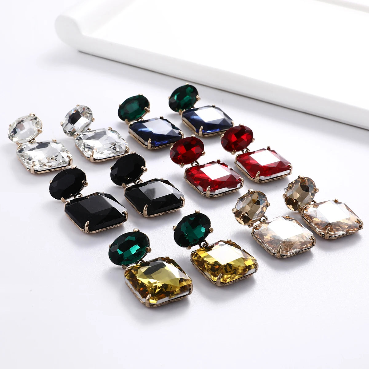 Wholesale Gemstone Emerald Zircoon CZ Square Vintage Earrings Multicolor Rhinestone Crystal Geometric Stud Earrings for Lady