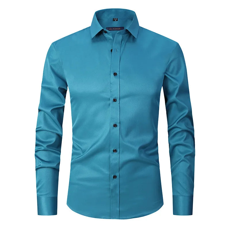 Men Plus Size Stretch Anti-wrinkle Shirt Long Sleeve Fashion Men's Shirt Solid Color Shirt