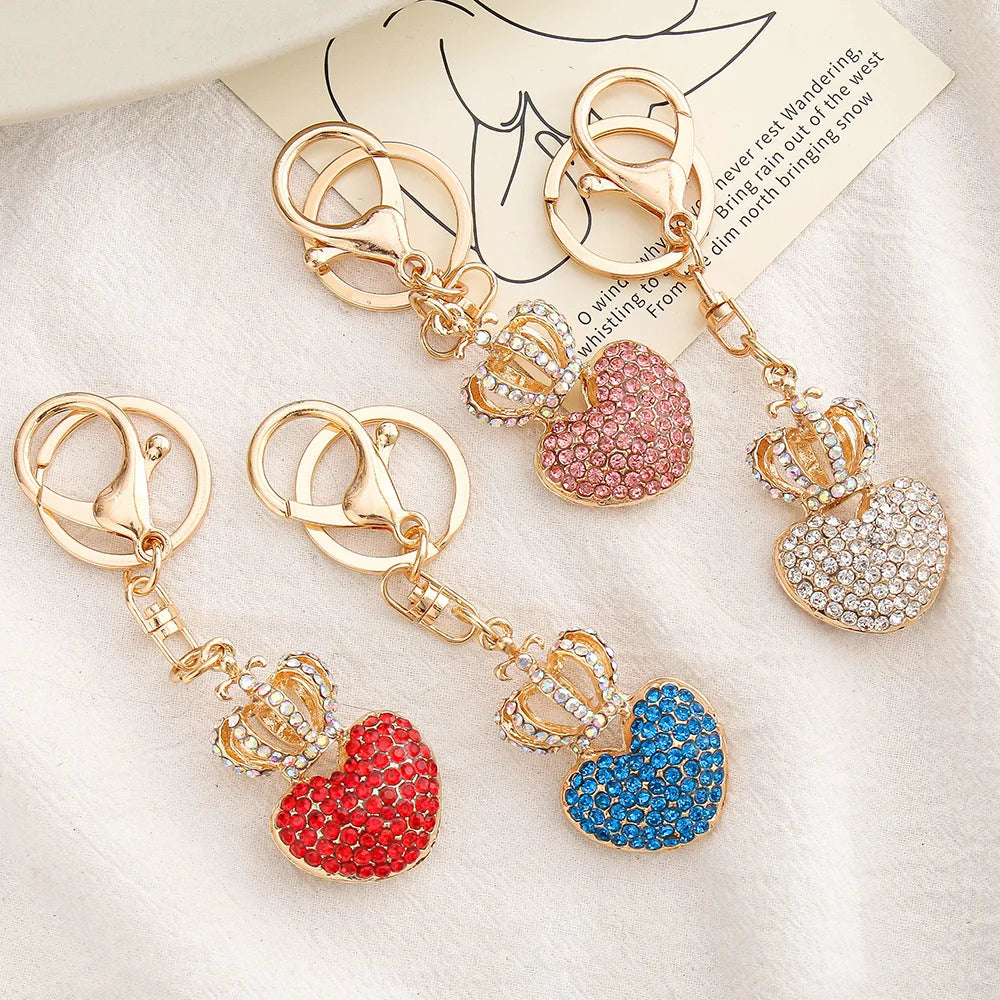 Beautiful Crown Heart Lovers Beautiful Keyring Keychain Gold Color Design Bling Bling Crystal