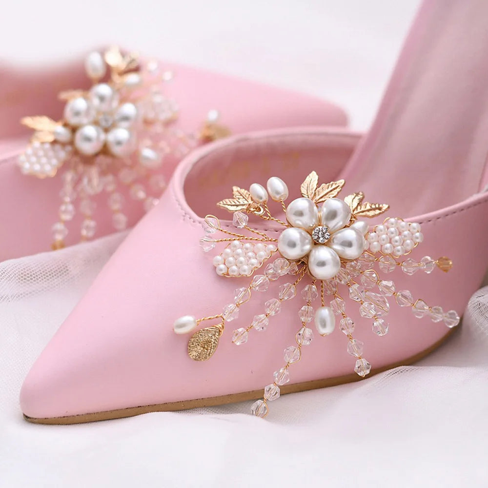 2022 Fashion Removable Bride Pearls Floral Bead High Heel Shoe Clip Rhinestone Wedding Shoes Buckle for Women Decoration