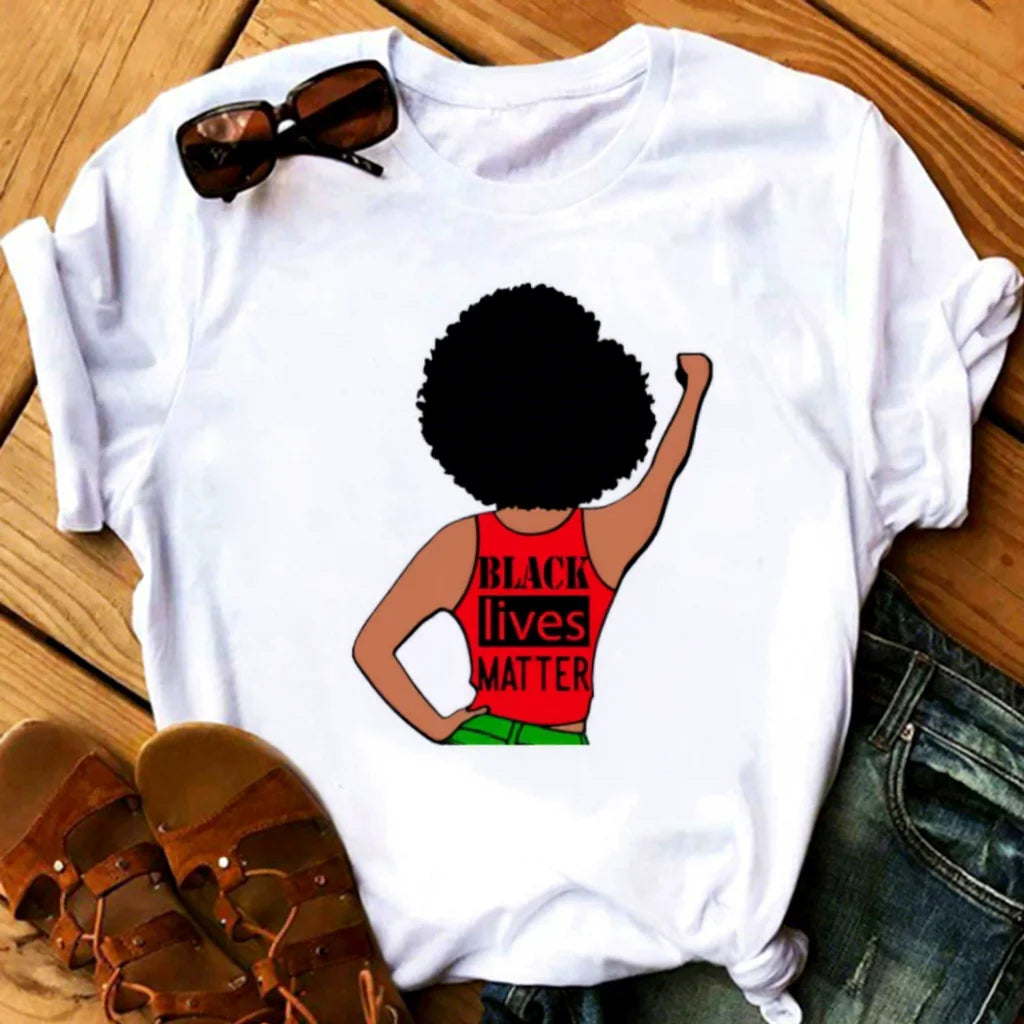 Fashion Print T-shirt Kawaii Melanin T Shirt Women Funny Black African Curly Hair Girl Graphic Tees Aesthetic Tshirt Female