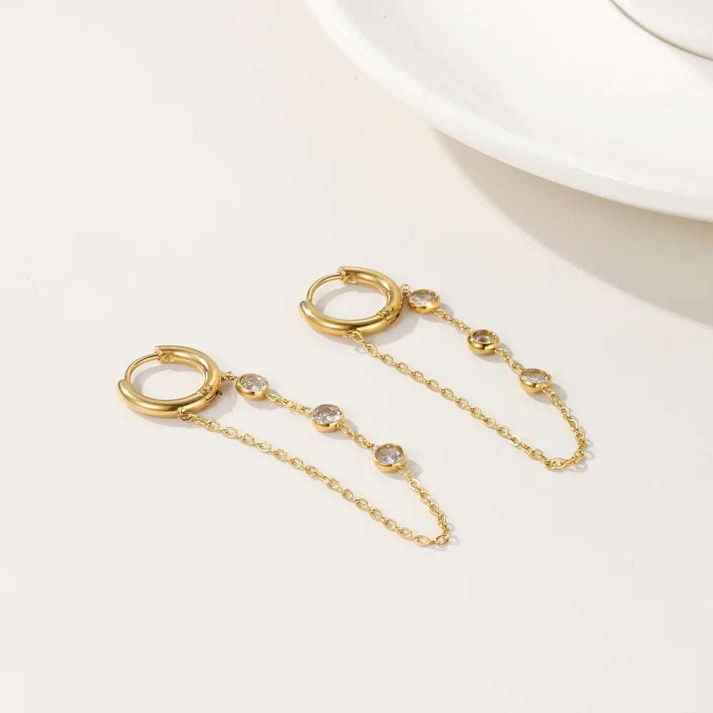 High-End Luxury Stainless Steel Chain Zircon Tassel Earrings European American Style Long Drop Earrings for Women Fashion