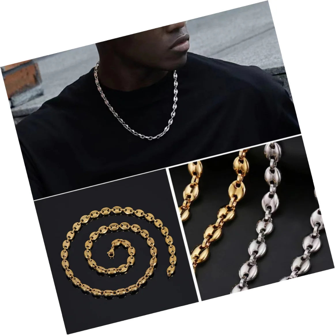 DAIHE Fashion Hip Hop Jewelry Gold Plated Men Stainless Steel Coffee Bean Link Chain Necklace for Man