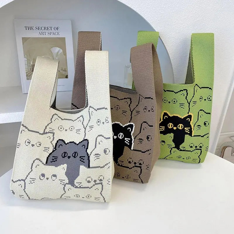 Cute Cat Knitted Shoulder Tote Bag Hand Holding Women's Underarm Bag