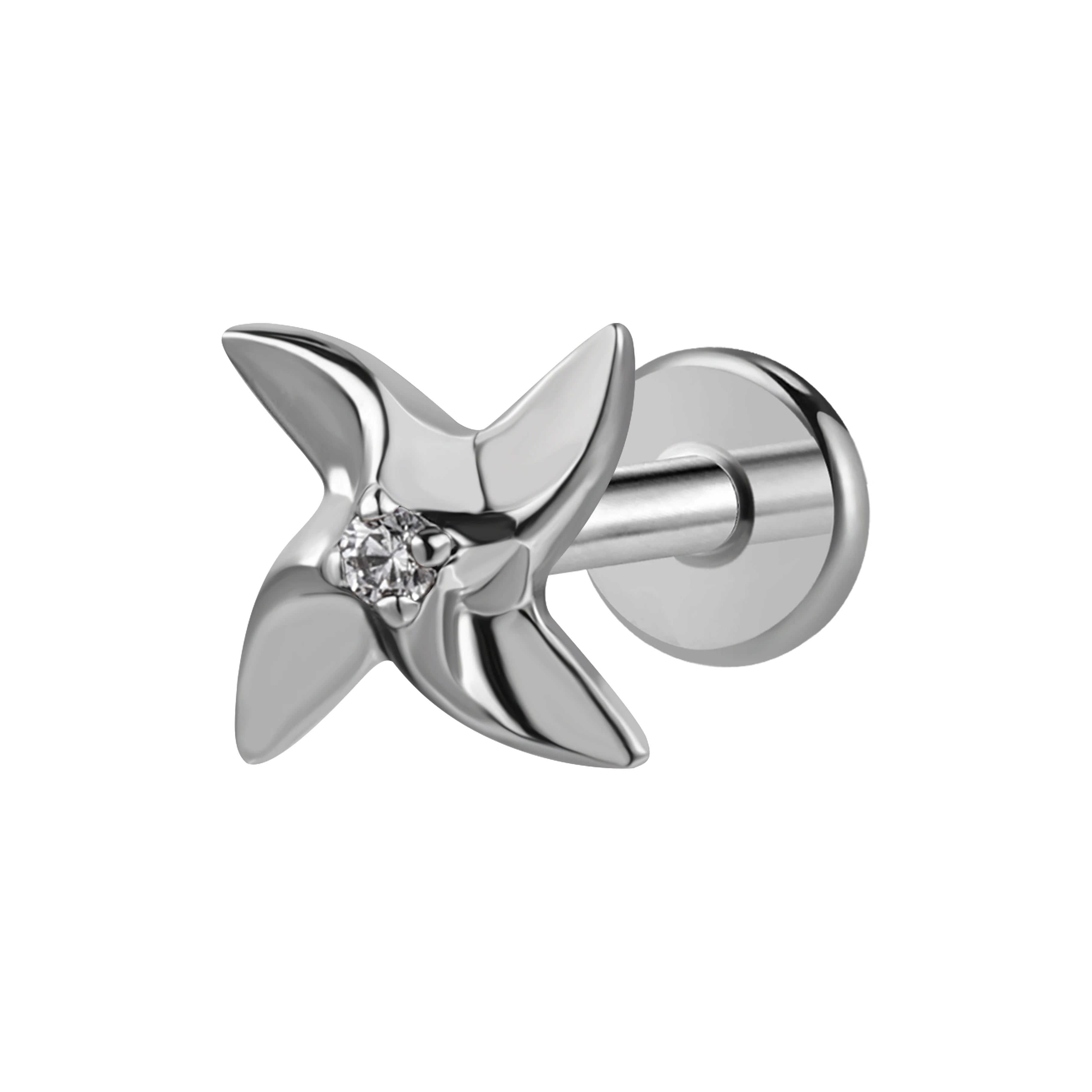 Astm F136 Titanium Zircon Gold Plated 8mm Windmill Stud Piercing Flat Back Cartilage Helix Earring Internal Labret Tragus
