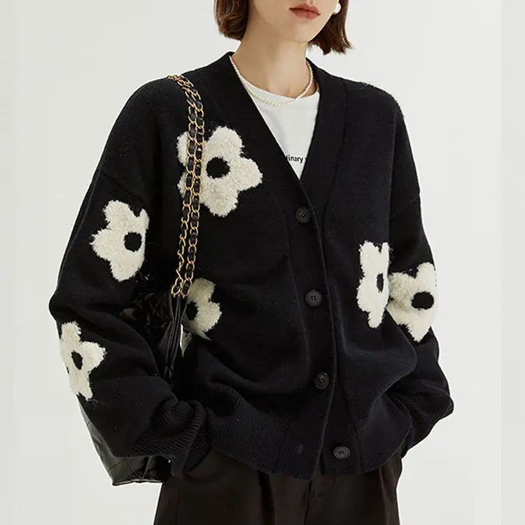 Y2K Autumn-Winter Women's Sweater Custom Factory Black V-Neck Jacquard Knitted Cardigan Loose Fit Designer Cashmere Material