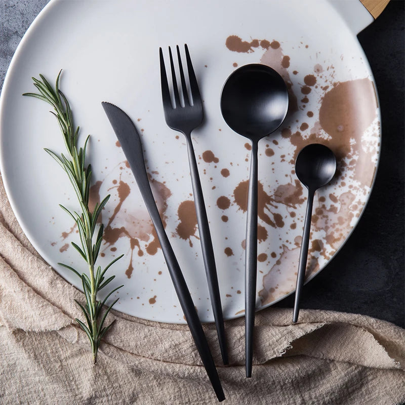 Best Selling Customizable Matte Black Stainless Steel Cutlery Set 5 Piece with Black Handle for Hotels Canteens Includes Spoon
