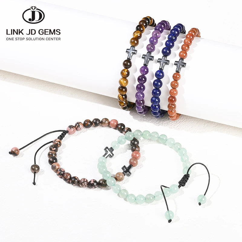 6mm Natural Stone Cross Bracelet Christian Jewelry Beaded Gemstone Bangle Religious Prayer Faith Gift Christian Products