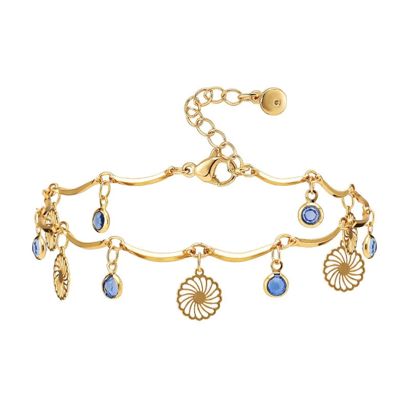 Fashion Trendy Korean Brass Alloy Flower Drop Beads Blue Zircon Charm Dangles Anklet Tassels Foot Ankle Bracelet Jewelry