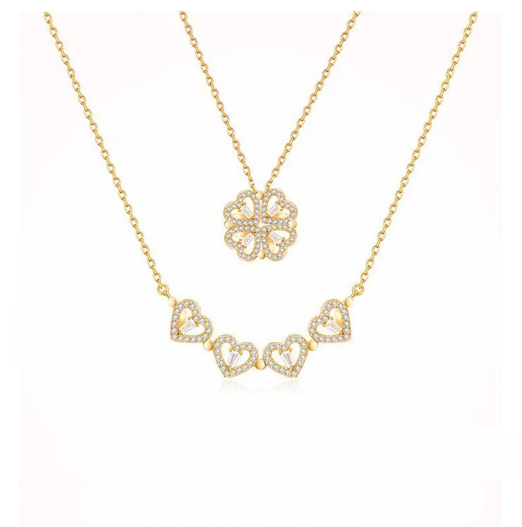 Hot Sale Fine Jewelry 18k Gold Plating Four Leaf Clover Double-Sided Heart Shaped Necklace for Women