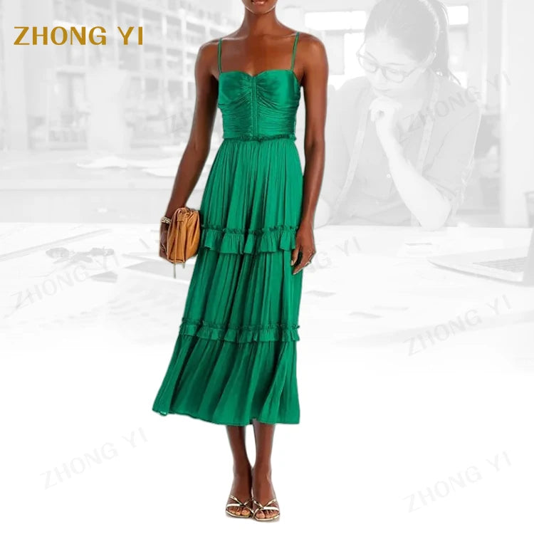 Clothing Factory Wholesale Custom Hot Selling Elegant  Low Back  With Ruched Top Women Summer Casual Party Midi Long Dresses