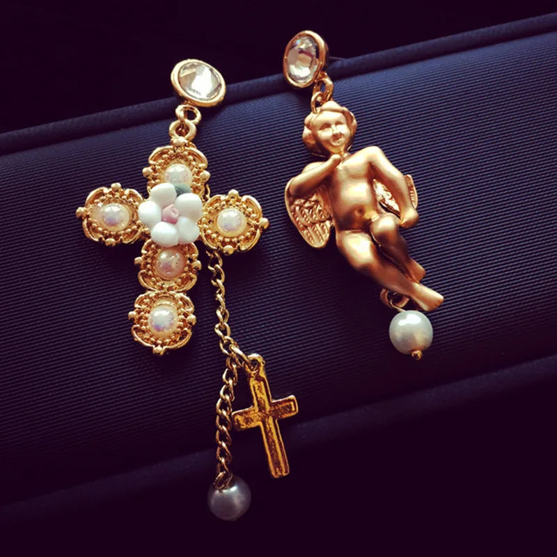 European and American Baroque Vintage Angel Asymmetrical Long Cross Earrings with Diamond-Encrusted Heart Studs Wholesale