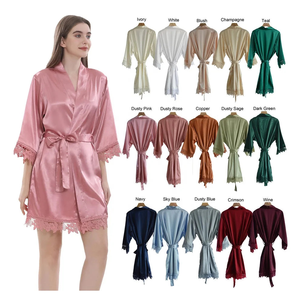 Plus Size Three Quarter Sleeves Women and Kids Lace Trim Silk Satin Kimono Robe for Bride Bridesmaid Morning Dress Gowns