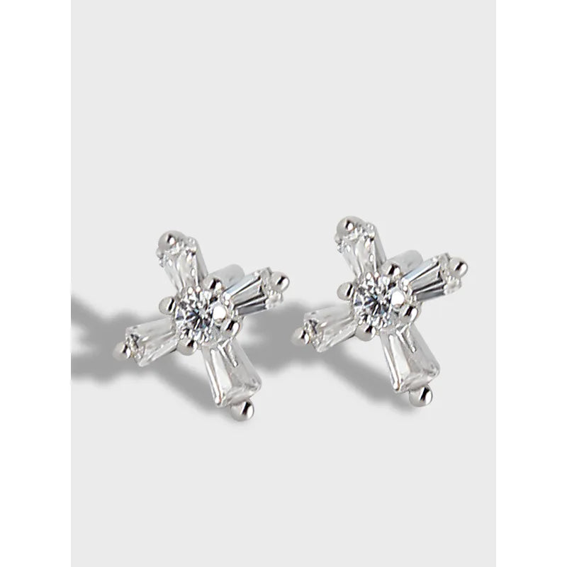 Cross Sterling Silver Stud Earring S925 CZ Cross Flower Stud Earring Sterling Silver Zircon Diamond Cross Stud Earring